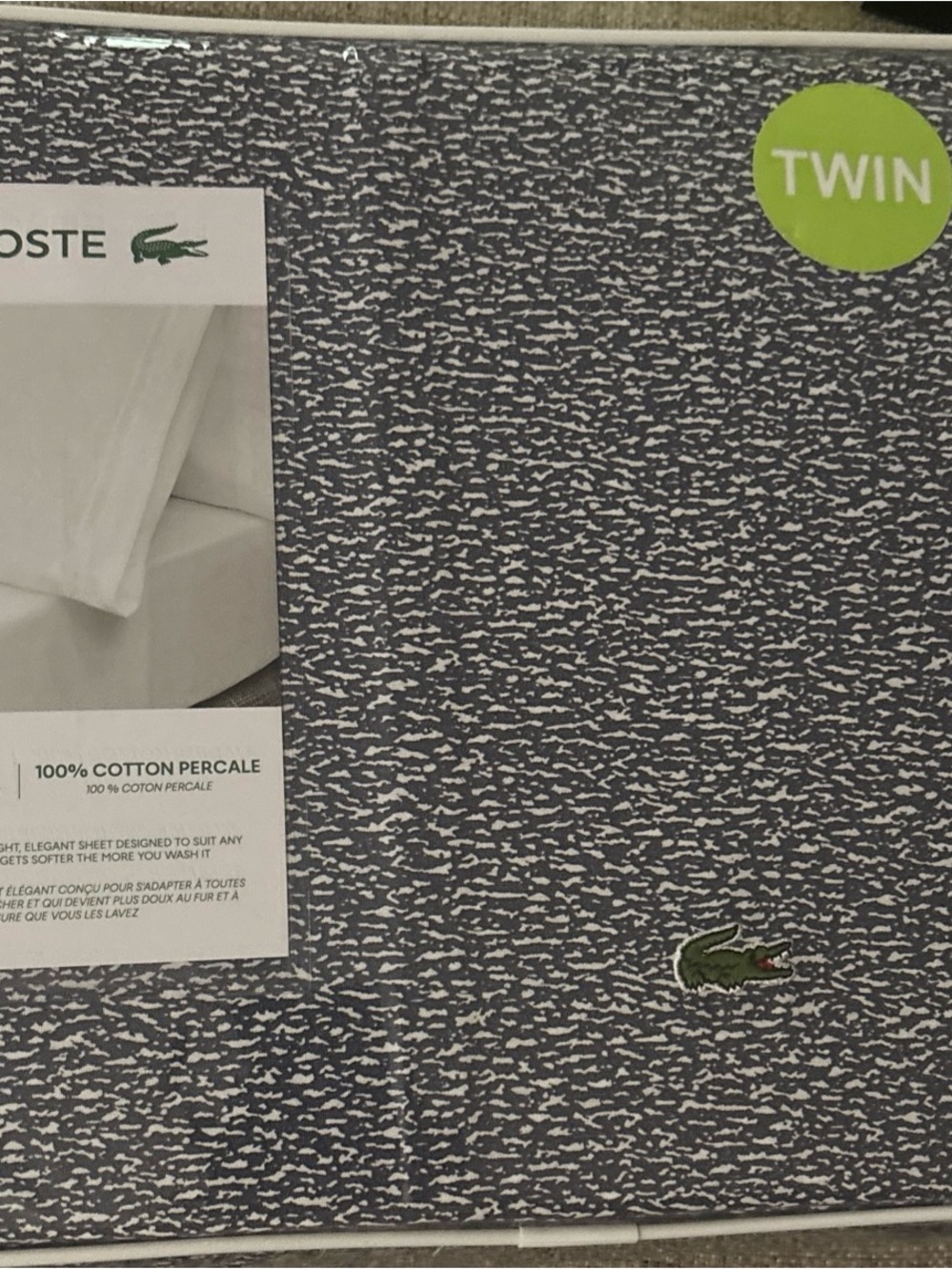 Lacoste Navy and White Cotton Percale Twin Sheet Set with Green Crocodile Logo